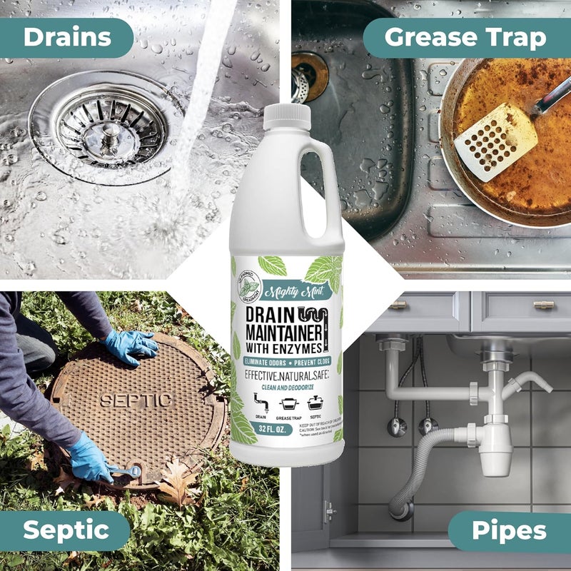 Mighty Mint Drain Maintainer with Enzymes – Drain Cleaner Controls Bad Smells and Prevents Buildup for Drains, Grease Traps, Septic, 32oz - Image 1